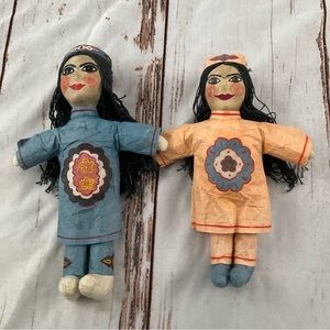 TWO VINTAGE HANDMADE PAPER MACHE AND STRING DOLLS